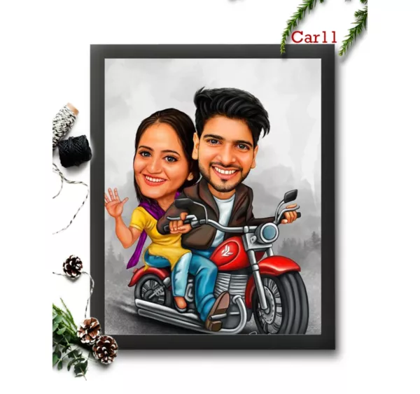 Loving Couple on Bike Caricature Frame